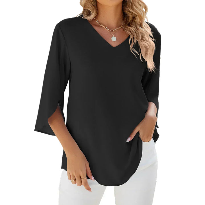 "Damen Sommerbluse, elegant, 3/4-Ärmel, V-Ausschnitt, vielseitig kombinierbar, stilvoll, atmungsaktives Material"