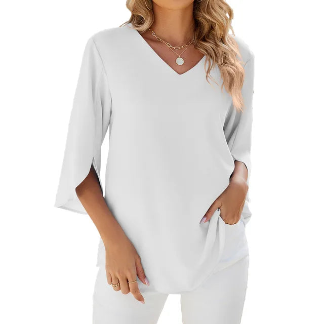"Damen Sommerbluse, elegant, 3/4-Ärmel, V-Ausschnitt, vielseitig kombinierbar, stilvoll, atmungsaktives Material"