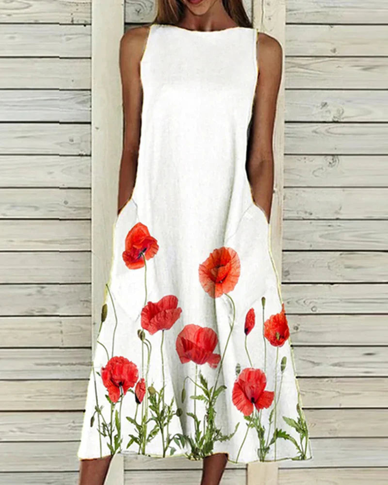 Damen Sommerkleid mit Blumenmuster, A-Linie, Midi-Länge, lebendig floral, ideal für sommerliche Anlässe, feminine Passform.