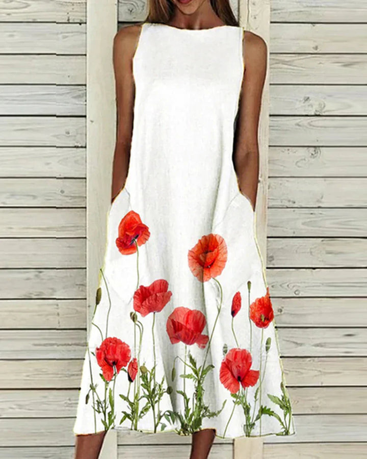 Damen Sommerkleid mit Blumenmuster, A-Linie, Midi-Länge, lebendig floral, ideal für sommerliche Anlässe, feminine Passform.