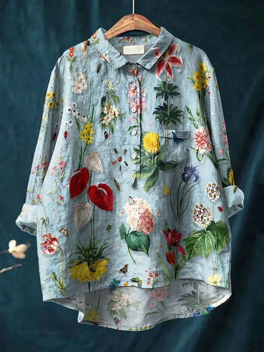 "Damen-Sommershirt, luftige Passform, elegantes Blumendesign, Langarm, vielseitig, floraler Druck, bequem, feminin"