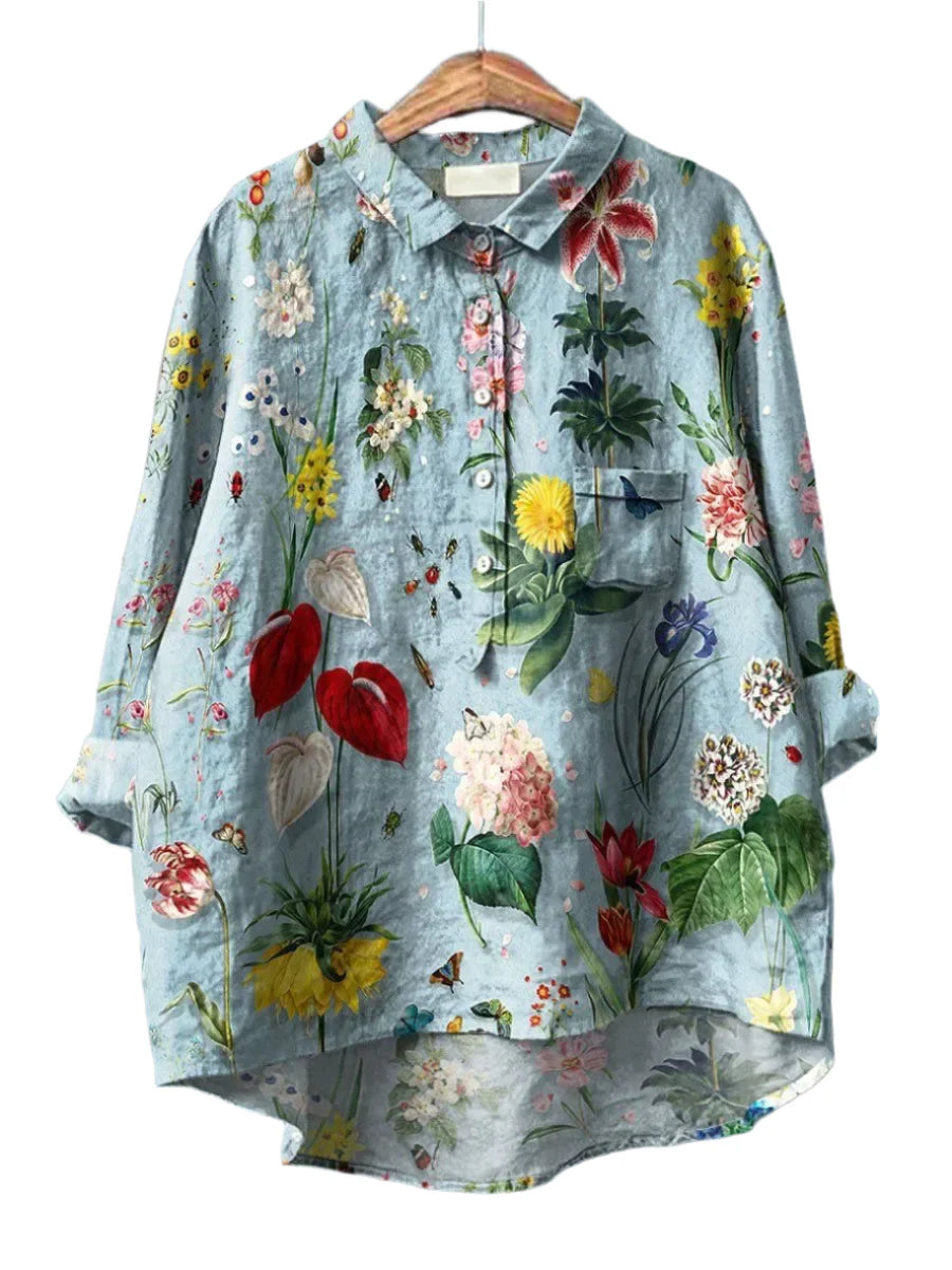 "Damen-Sommershirt, luftige Passform, elegantes Blumendesign, Langarm, vielseitig, floraler Druck, bequem, feminin"