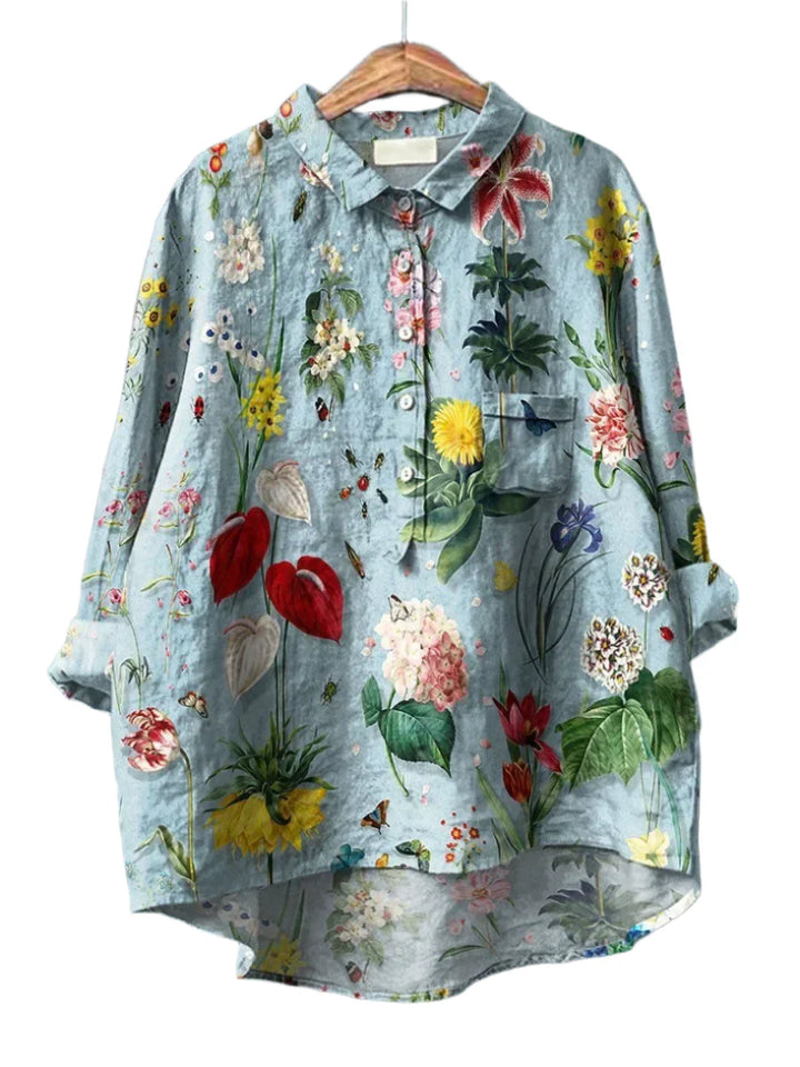 "Damen-Sommershirt, luftige Passform, elegantes Blumendesign, Langarm, vielseitig, floraler Druck, bequem, feminin"