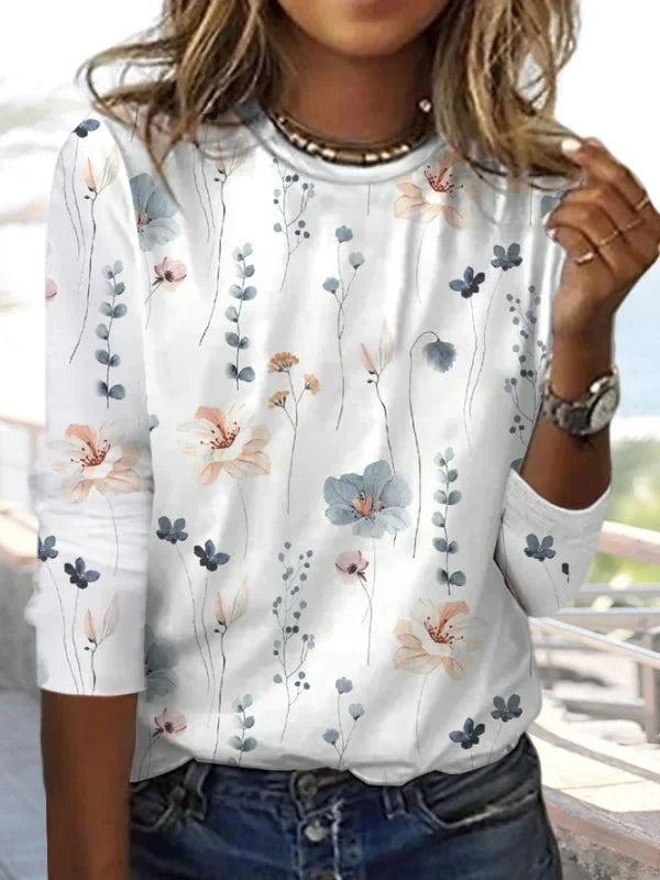 "Damen Strick-T-Shirt mit Blumenmuster und Rundhalsausschnitt, komfortabler Schnitt, ideal für Frühling und Herbst."