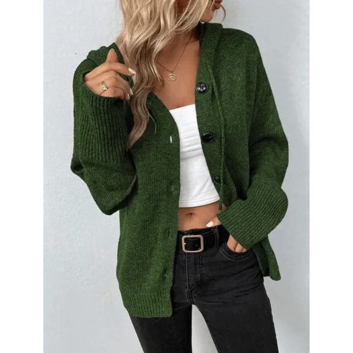 "Damen Strickjacke Brittan in Grau mit Knöpfen, warme und elegante Jacke für kalte Tage, aus weichem Material."