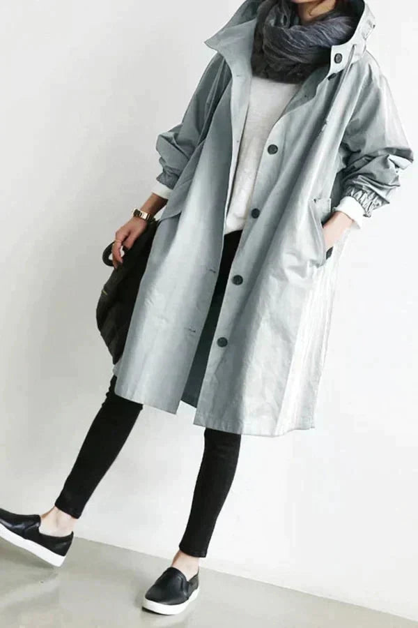 "Damen Trenchcoat Einreiher, oversized, in beige mit verstellbaren Details und elastischen Bündchen für elegante Silhouette."