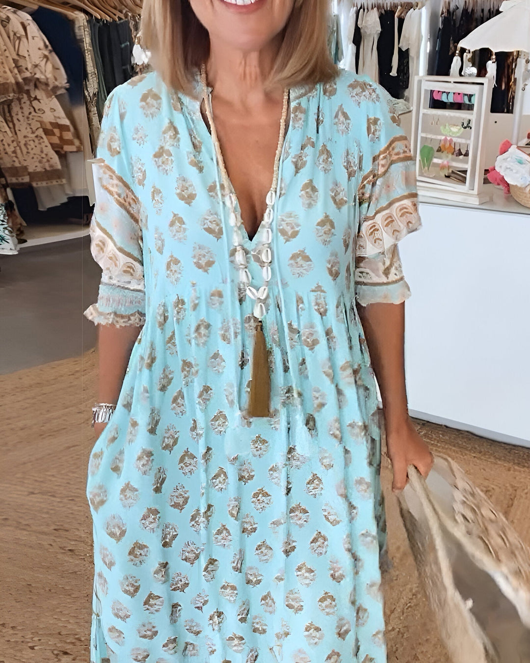 "Damen V-Ausschnitt Boho-Kleid mit Blumenmuster, Maxi-Stil; luftiges, elegantes Design für vielseitige Anlässe"