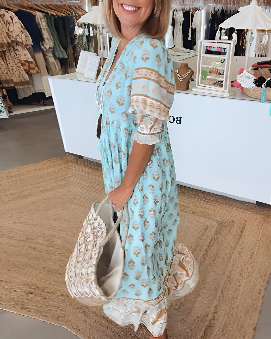 "Damen V-Ausschnitt Boho-Kleid mit Blumenmuster, Maxi-Stil; luftiges, elegantes Design für vielseitige Anlässe"
