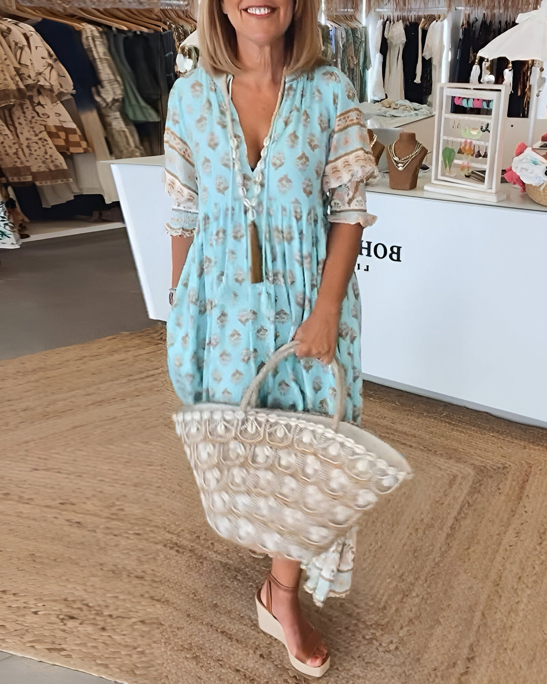 "Damen V-Ausschnitt Boho-Kleid mit Blumenmuster, Maxi-Stil; luftiges, elegantes Design für vielseitige Anlässe"