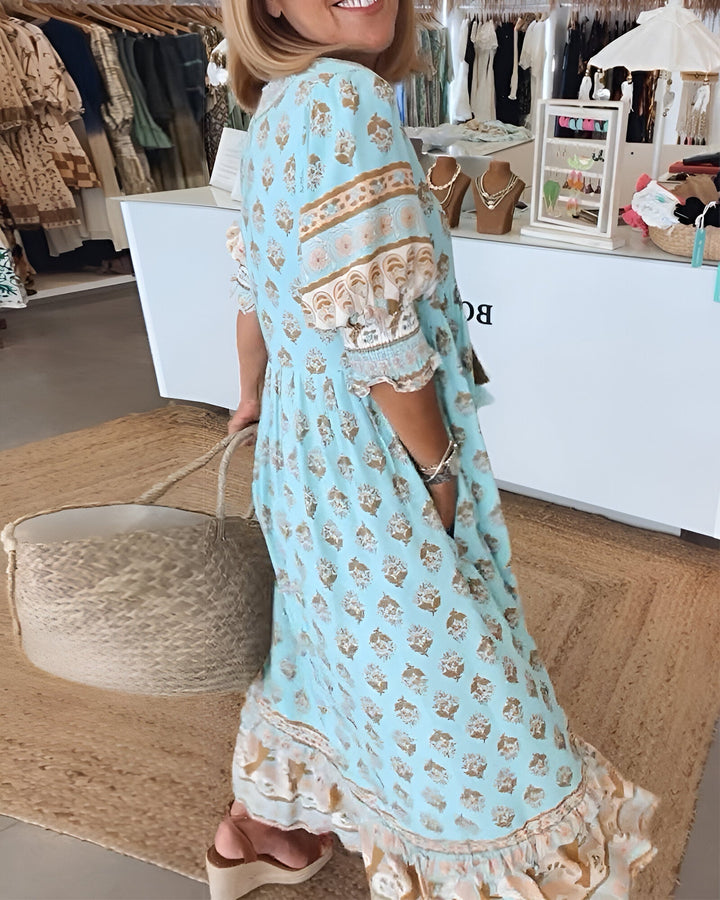 "Damen V-Ausschnitt Boho-Kleid mit Blumenmuster, Maxi-Stil; luftiges, elegantes Design für vielseitige Anlässe"
