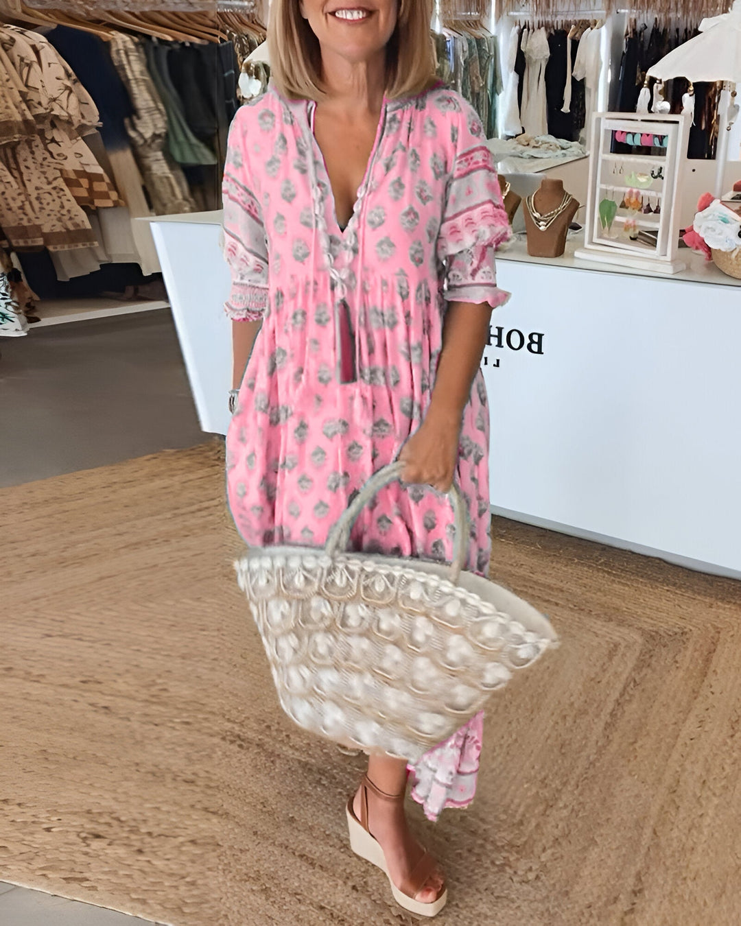 "Damen V-Ausschnitt Boho-Kleid mit Blumenmuster, Maxi-Stil; luftiges, elegantes Design für vielseitige Anlässe"