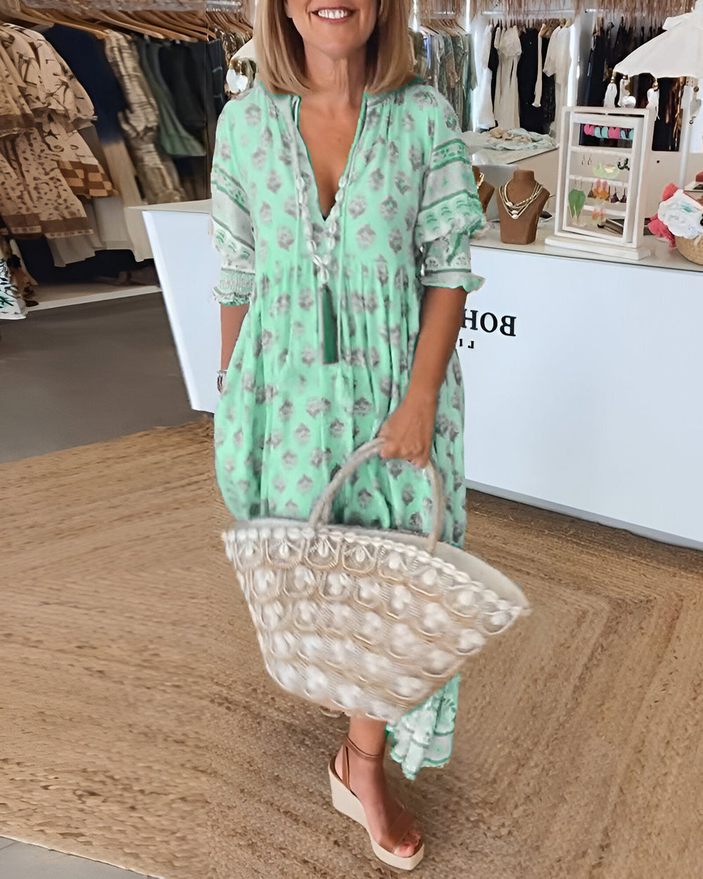 "Damen V-Ausschnitt Boho-Kleid mit Blumenmuster, Maxi-Stil; luftiges, elegantes Design für vielseitige Anlässe"