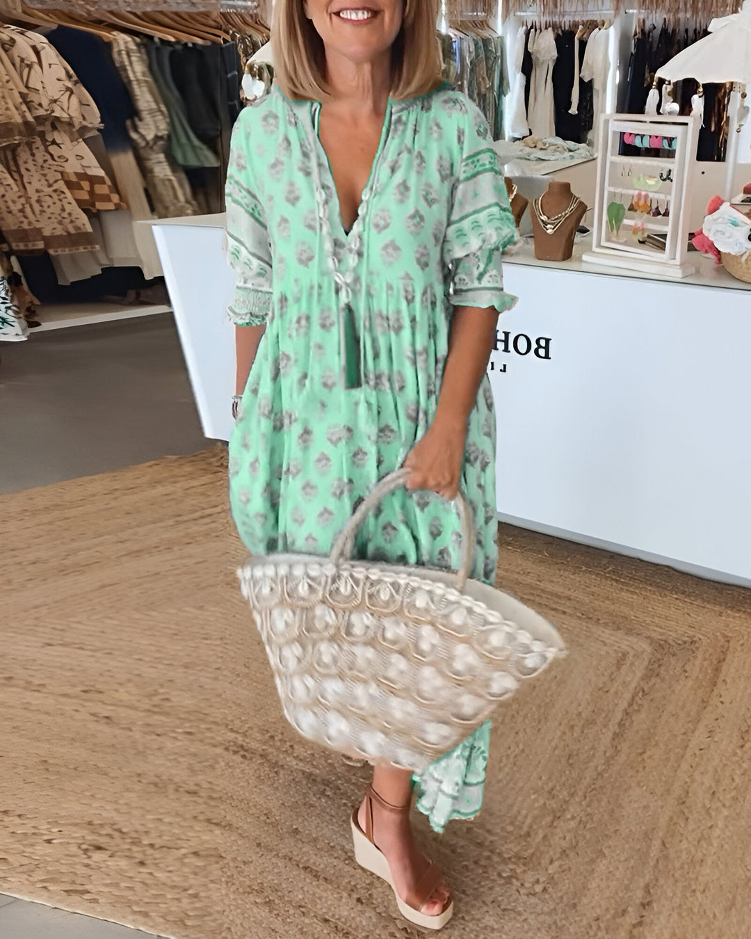 "Damen V-Ausschnitt Boho-Kleid mit Blumenmuster, Maxi-Stil; luftiges, elegantes Design für vielseitige Anlässe"