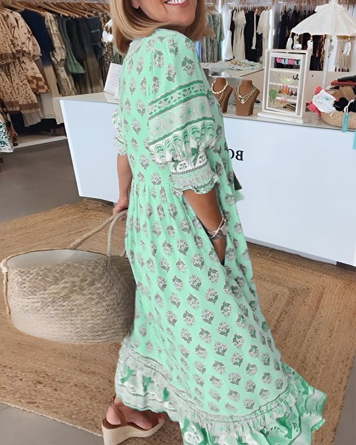 "Damen V-Ausschnitt Boho-Kleid mit Blumenmuster, Maxi-Stil; luftiges, elegantes Design für vielseitige Anlässe"