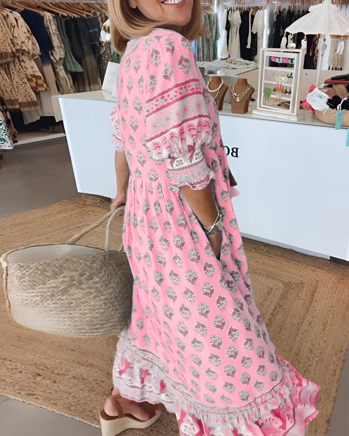 "Damen V-Ausschnitt Boho-Kleid mit Blumenmuster, Maxi-Stil; luftiges, elegantes Design für vielseitige Anlässe"