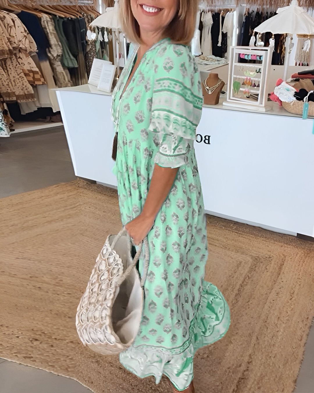 "Damen V-Ausschnitt Boho-Kleid mit Blumenmuster, Maxi-Stil; luftiges, elegantes Design für vielseitige Anlässe"