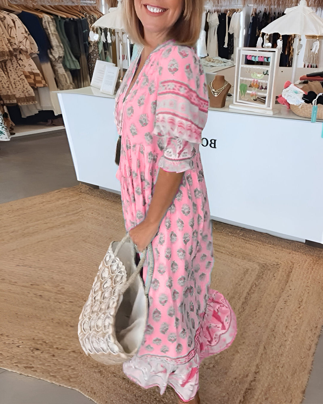 "Damen V-Ausschnitt Boho-Kleid mit Blumenmuster, Maxi-Stil; luftiges, elegantes Design für vielseitige Anlässe"
