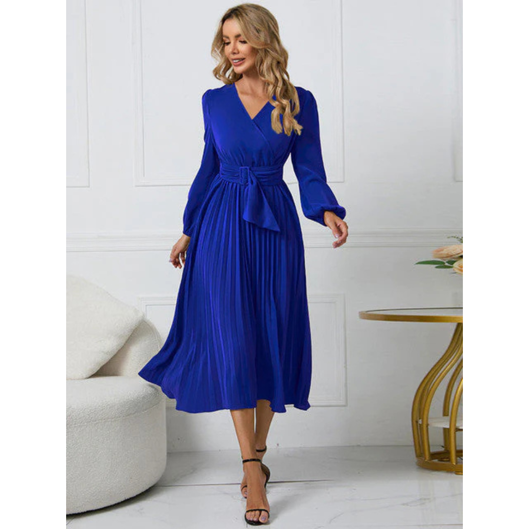 "Damen V-Ausschnitt Kleid, Plissee, Taillengürtel, Midi-Länge, femininer Chic, fließend, elegant, vielseitig, verschiedene Fa