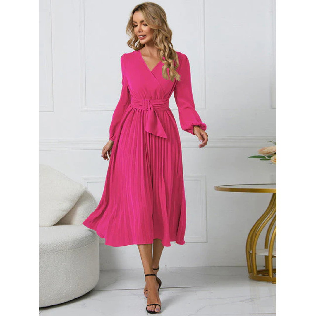 "Damen V-Ausschnitt Kleid, Plissee, Taillengürtel, Midi-Länge, femininer Chic, fließend, elegant, vielseitig, verschiedene Fa