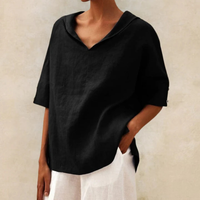 "Damen V-Ausschnitt Leinen Oberteil, elegantes Design, luftiger Stoff, ideal für Alltag und Abend, bequem und stilvoll."