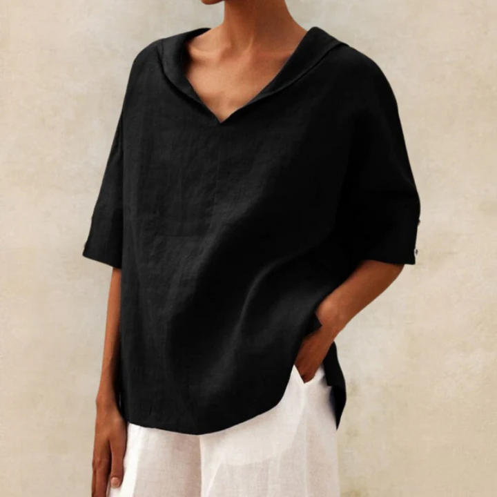 "Damen V-Ausschnitt Leinen Oberteil, elegantes Design, luftiger Stoff, ideal für Alltag und Abend, bequem und stilvoll."