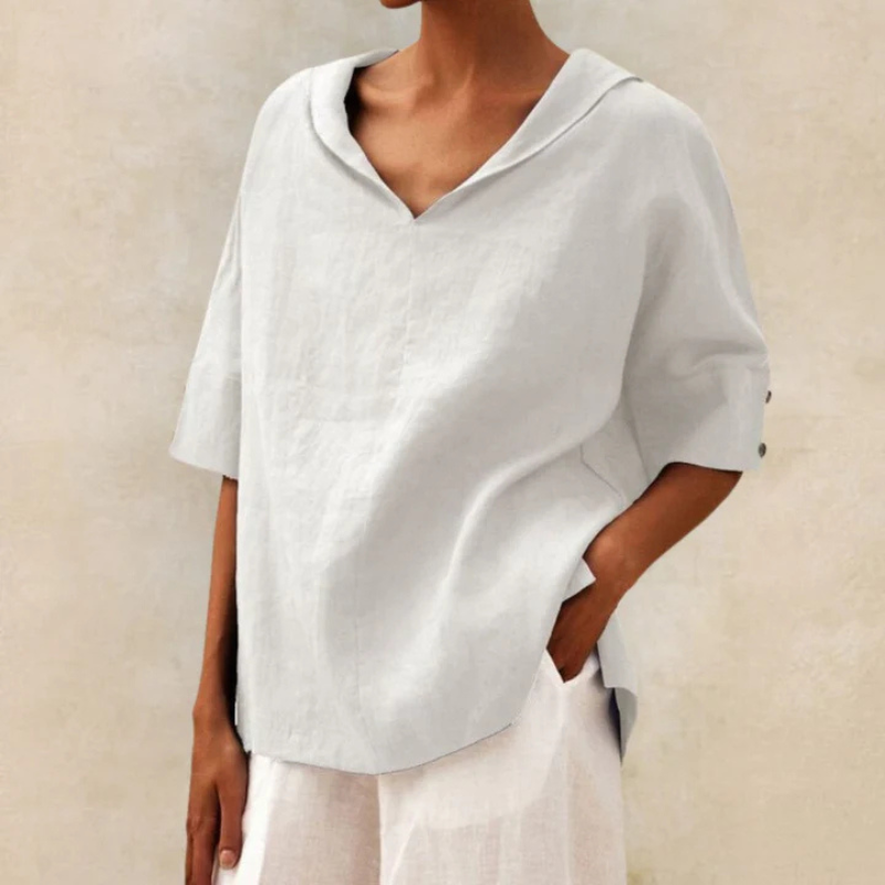 "Damen V-Ausschnitt Leinen Oberteil, elegantes Design, luftiger Stoff, ideal für Alltag und Abend, bequem und stilvoll."