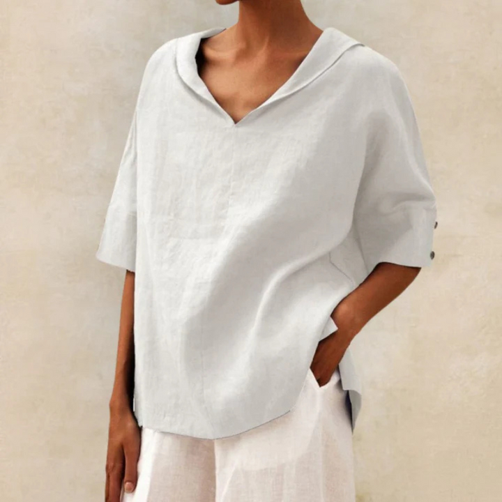 "Damen V-Ausschnitt Leinen Oberteil, elegantes Design, luftiger Stoff, ideal für Alltag und Abend, bequem und stilvoll."