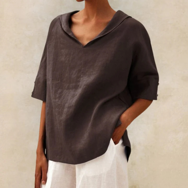 "Damen V-Ausschnitt Leinen Oberteil, elegantes Design, luftiger Stoff, ideal für Alltag und Abend, bequem und stilvoll."