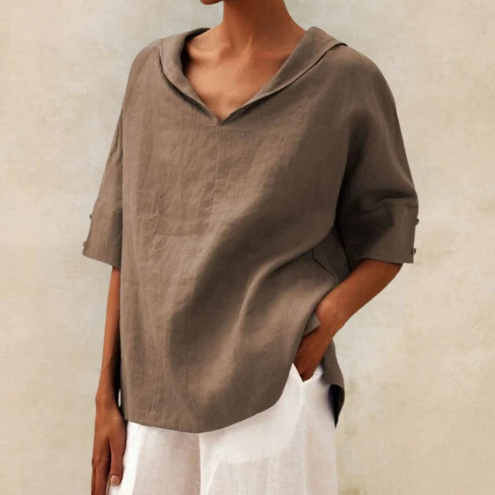 "Damen V-Ausschnitt Leinen Oberteil, elegantes Design, luftiger Stoff, ideal für Alltag und Abend, bequem und stilvoll."