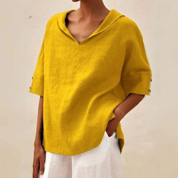 "Damen V-Ausschnitt Leinen Oberteil, elegantes Design, luftiger Stoff, ideal für Alltag und Abend, bequem und stilvoll."