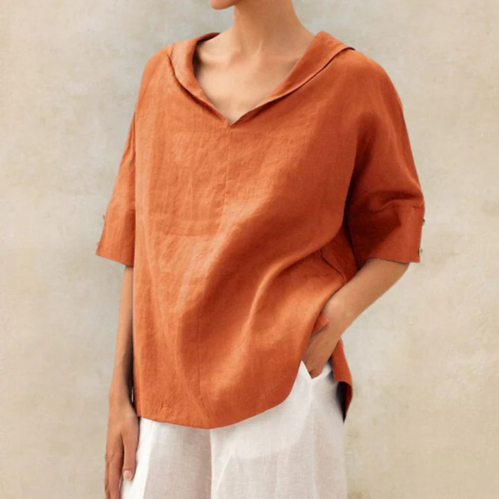 "Damen V-Ausschnitt Leinen Oberteil, elegantes Design, luftiger Stoff, ideal für Alltag und Abend, bequem und stilvoll."
