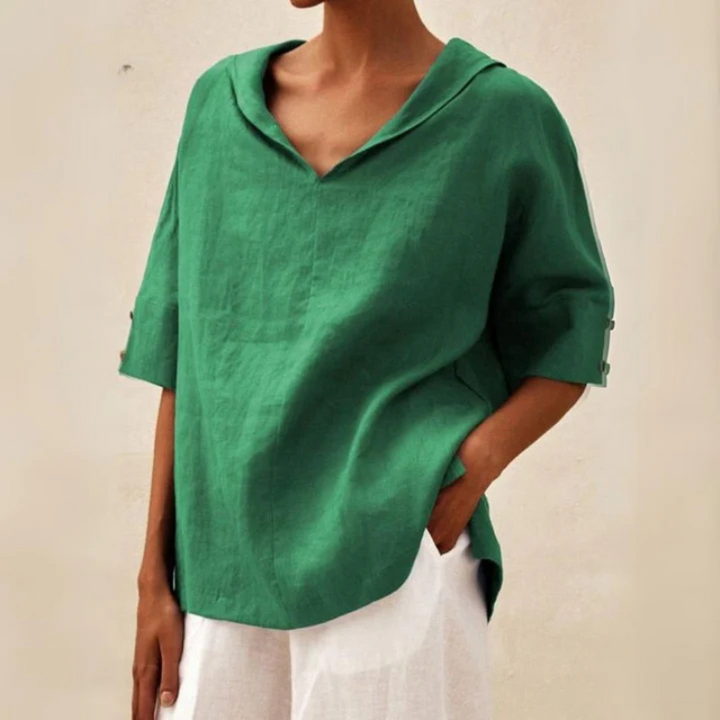 "Damen V-Ausschnitt Leinen Oberteil, elegantes Design, luftiger Stoff, ideal für Alltag und Abend, bequem und stilvoll."