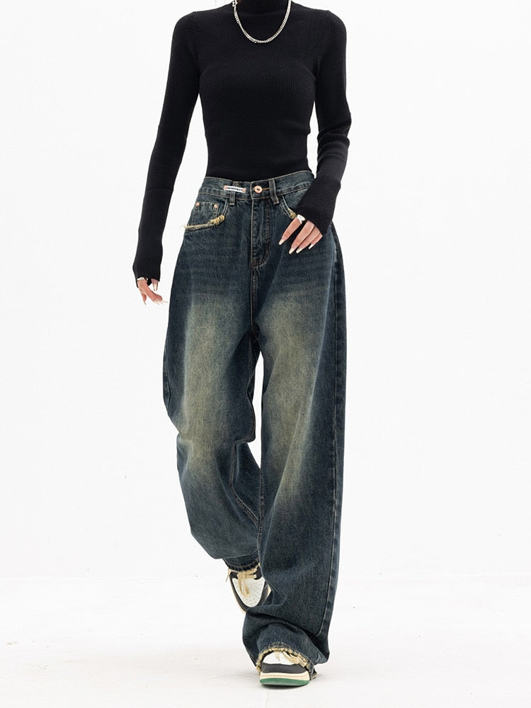 "Damen Vintage Baggy Jeans in Blau, hoher Bund, weiter Schnitt, lässiger Streetwear-Stil für Komfort und Eleganz."