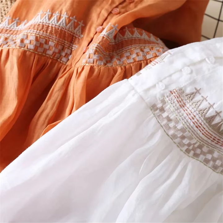 "Damen Vintage Boho Sommerkleid in Midi-Länge mit zarter Stickerei, figurbetontem Schnitt und fließender Silhouette"