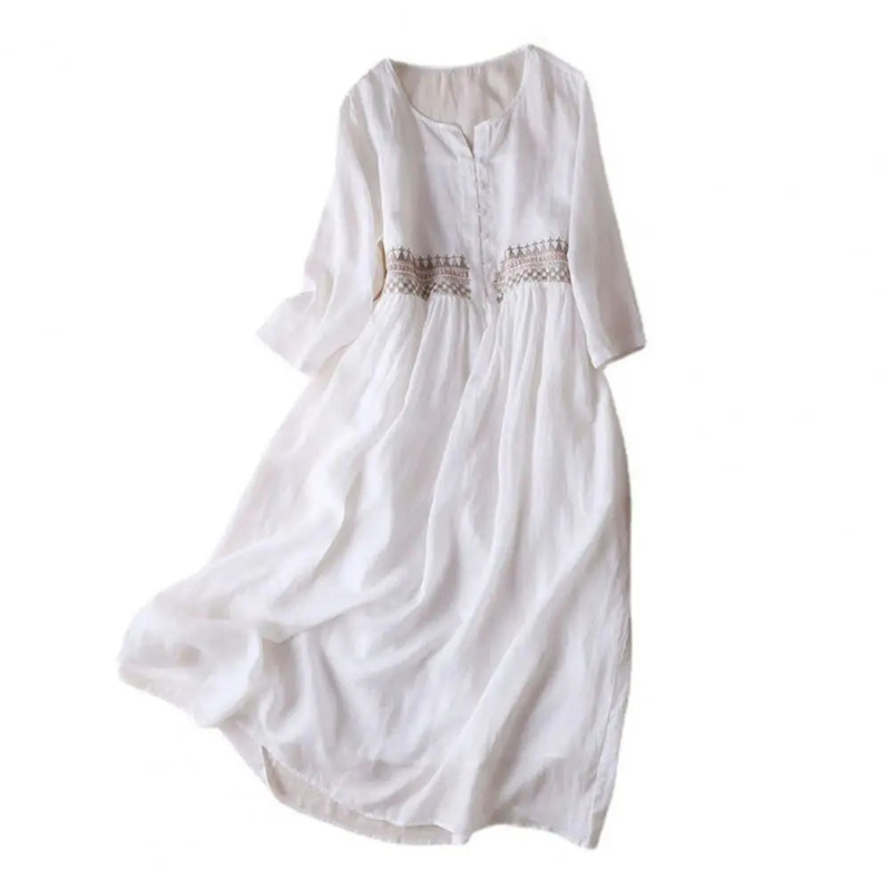 "Damen Vintage Boho Sommerkleid in Midi-Länge mit zarter Stickerei, figurbetontem Schnitt und fließender Silhouette"