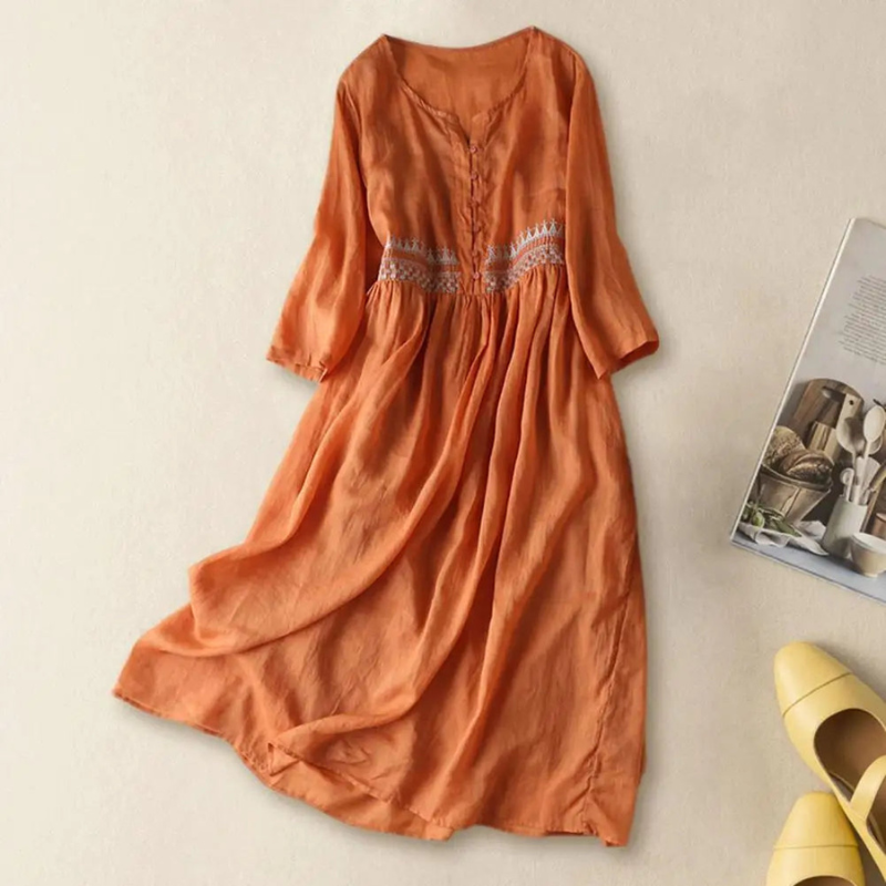 "Damen Vintage Boho Sommerkleid in Midi-Länge mit zarter Stickerei, figurbetontem Schnitt und fließender Silhouette"
