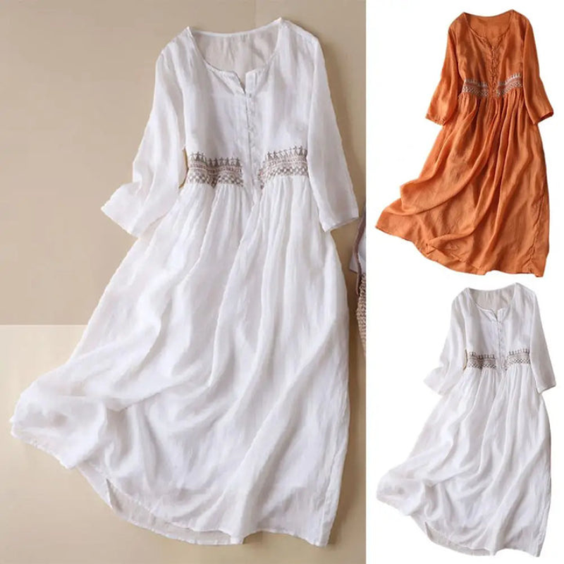 "Damen Vintage Boho Sommerkleid in Midi-Länge mit zarter Stickerei, figurbetontem Schnitt und fließender Silhouette"