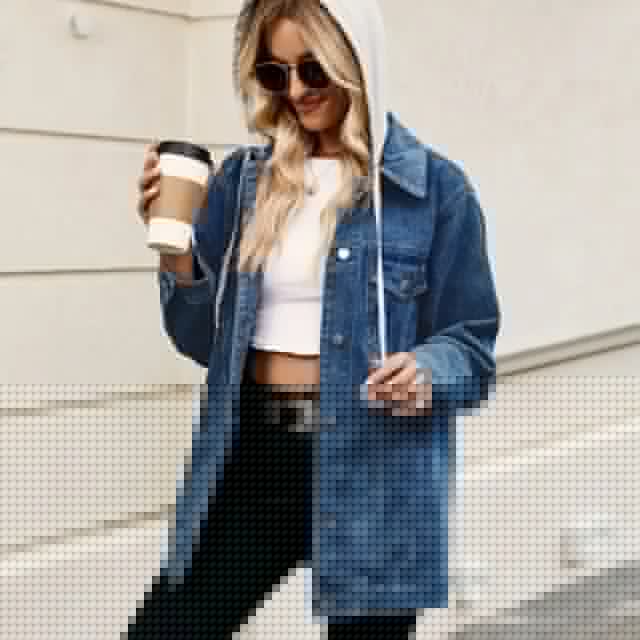 "Damen Vintage Jeansjacke mit Knopfverschluss, dunkelblauer Farbton, Kapuzenoption verfügbar, ideal für Winterlagen."