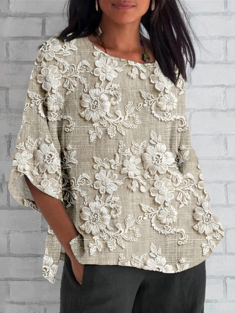 "Damen Vintage Top mit Blumendesign, elegant mit halblangen Ärmeln, ideal für vielseitige Outfits und Anlässe."