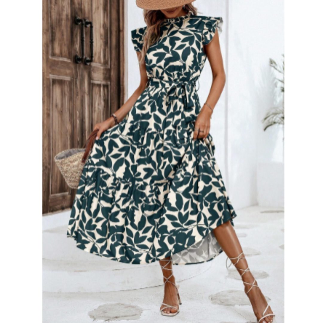 "Damen Wickelkleid Sommer mit Blumenmuster, elegante Vorderansicht, schmeichelhafter Schnitt, ideal für warme Tage"