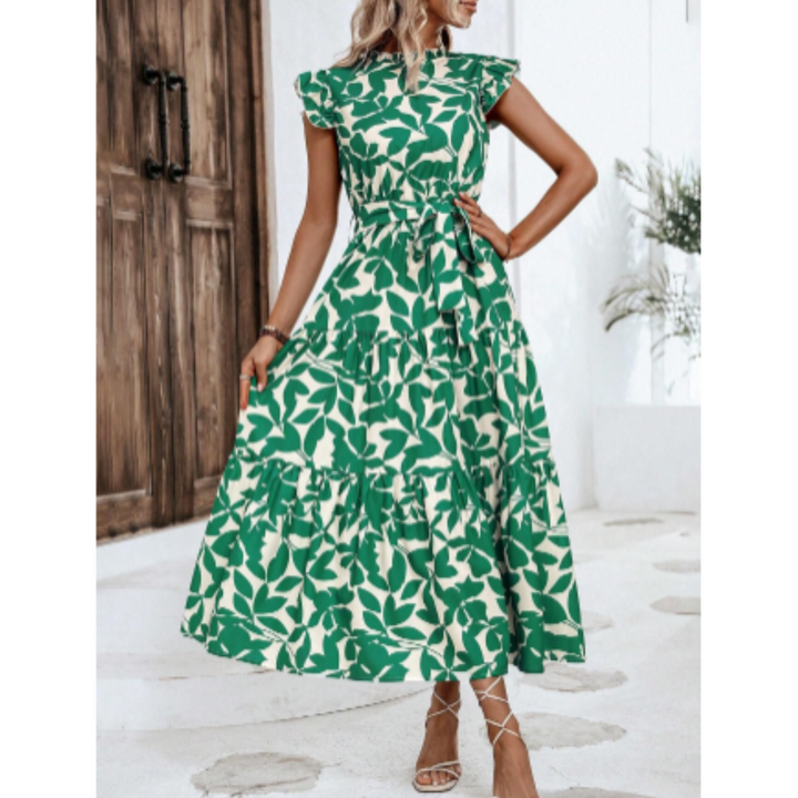 "Damen Wickelkleid Sommer mit Blumenmuster, elegante Vorderansicht, schmeichelhafter Schnitt, ideal für warme Tage"