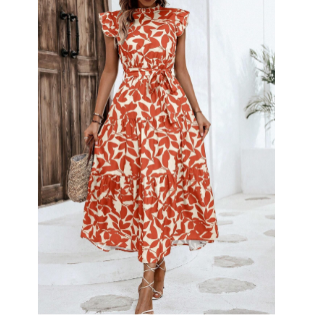 "Damen Wickelkleid Sommer mit Blumenmuster, elegante Vorderansicht, schmeichelhafter Schnitt, ideal für warme Tage"