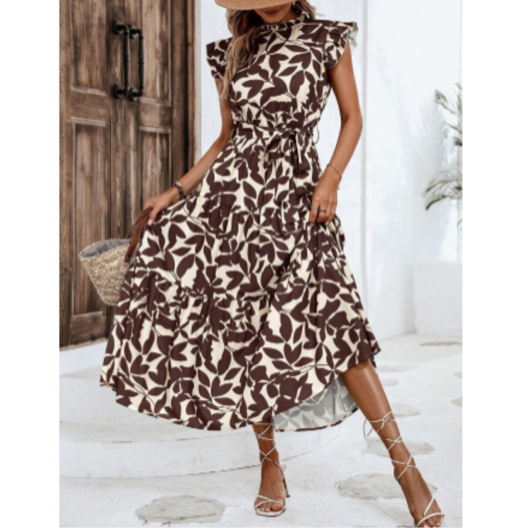 "Damen Wickelkleid Sommer mit Blumenmuster, elegante Vorderansicht, schmeichelhafter Schnitt, ideal für warme Tage"