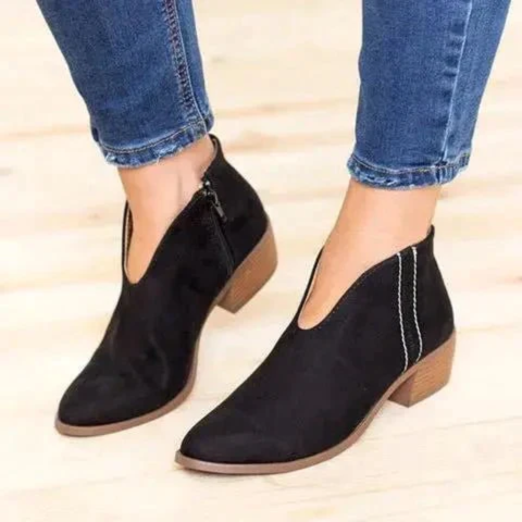 "Damen Wildleder Ankle Boots mit V-Form, niedrigem Blockabsatz, seitlichem Reißverschluss; stilvolles Design für Alltag."