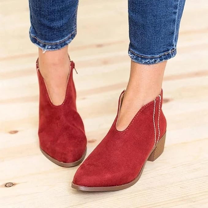 "Damen Wildleder Ankle Boots mit V-Form, niedrigem Blockabsatz, seitlichem Reißverschluss; stilvolles Design für Alltag."