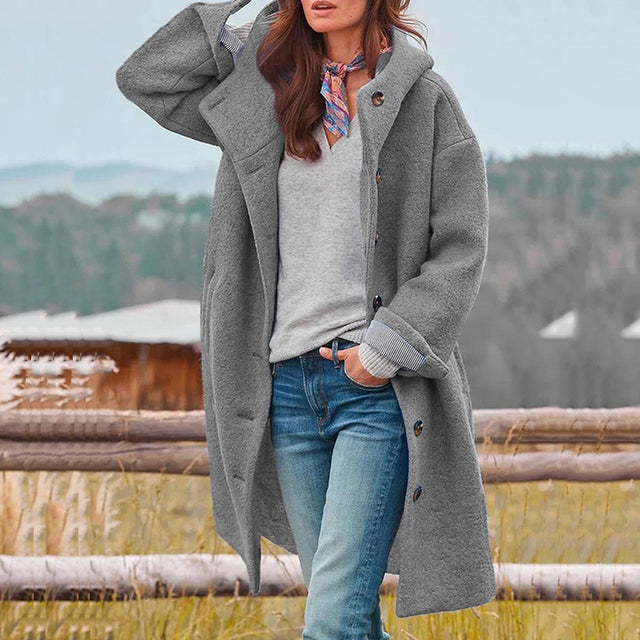 "Damen Wintermantel, elegant, warm, lange Ärmel, stilvolle Silhouette, ideal für modische Outfits und kalte Tage."