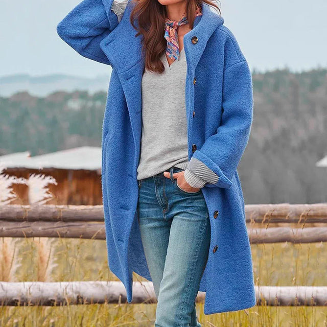"Damen Wintermantel, elegant, warm, lange Ärmel, stilvolle Silhouette, ideal für modische Outfits und kalte Tage."