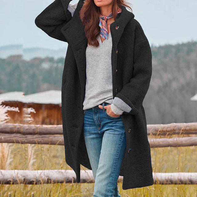 "Damen Wintermantel, elegant, warm, lange Ärmel, stilvolle Silhouette, ideal für modische Outfits und kalte Tage."