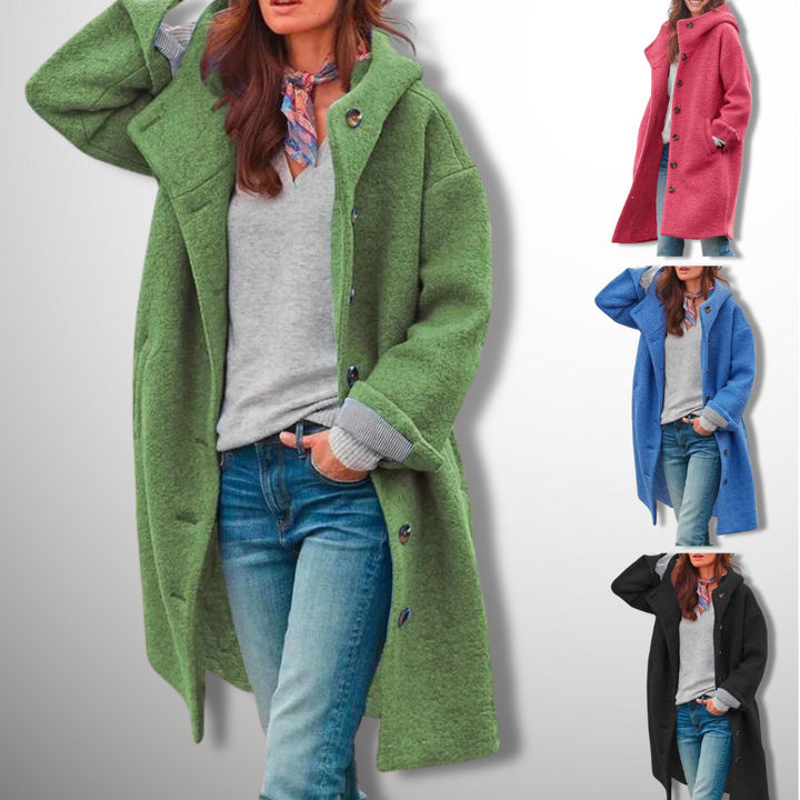 "Damen Wintermantel, elegant, warm, lange Ärmel, stilvolle Silhouette, ideal für modische Outfits und kalte Tage."