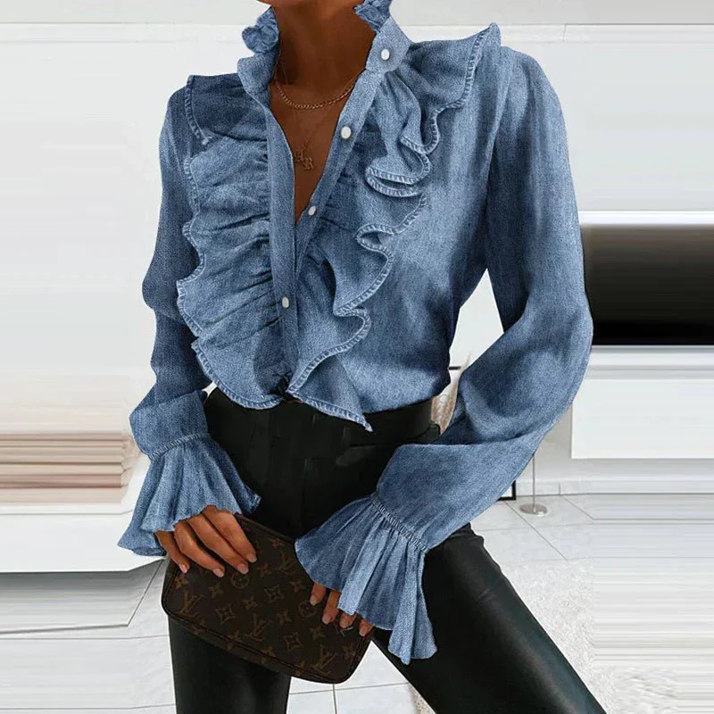 "Damenbluse mit Rüschen, elegant und vielseitig, langärmlig, feminine Rüschenakzente, leicht und bequem, vielseitig kombinier